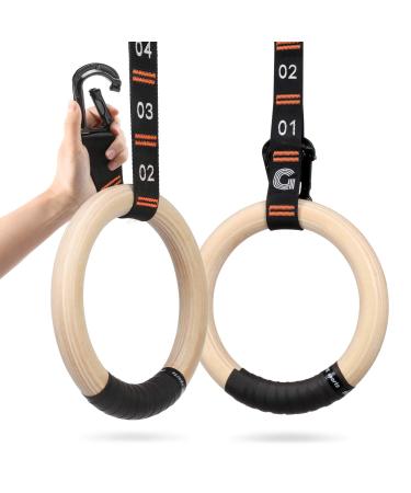 Gonex Wooden Gymnastic Rings with Adjustable Number Straps, Crossfit Rings for Gym, Workout, Exercise, Outdoor Training, Quick Install Carabiner, 8.5 ft Straps Pull Up Non-Slip Rings Birch Wooden Ring