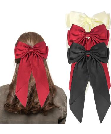 GWAWG 3Pcs Big Bow Hair Clip French Hair Clip Big Bowknot Hairpin with Long Silky Satin Solid Color Tail White and Black and Red for Women Girls Barrettes Hair Fastener Accessories - Buy Online on GoSupps.com