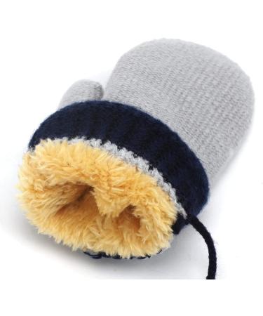 Lovely Infant Toddlers Winter Mittens | Dual Layers Plush Padded Knitted Gloves for Girls & Boys 0-3 Years | Anti-Lost String | Cute Cartoon Design | Grey - Buy Online on GoSupps.com