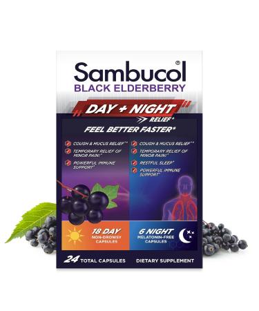 Sambucol Black Elderberry Day & Night Relief - Feel Better Faster, Non-Drowsy Daytime Relief for Men & Women, Restful Sleep for Adults, Melatonin-Free - 24 Capsules, 1 Pack
