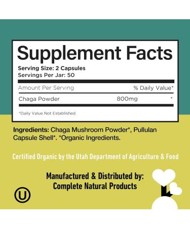 Complete Natural Products Organic Chaga Mushroom Capsules - 100ct Organic Antioxidant Power Immune Boost Gut Support Non-GMO Gluten Free Vegan - Buy Online on GoSupps.com