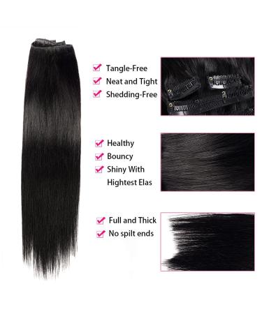 Black Women's 14 Inch Brazilian Virgin Clip in Human Hair Extensions - 100% Unprocessed Full Head Natural Black Straight Hair - 8Pcs 120g - Buy Online on GoSupps.com