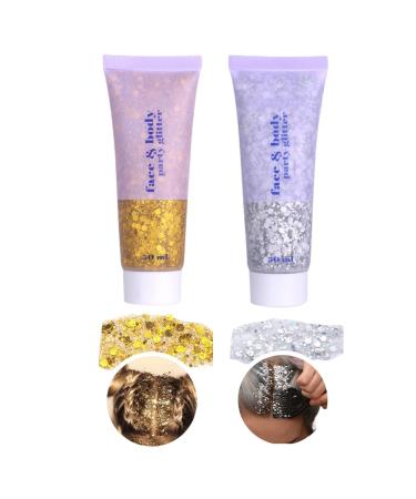 Body Glitter Gel JetlagClock - Face Glitter Body Gel Sequins Shimmer Liquid Eyeshadow Chunky Glitter for Face Hair Holographic Cosmetic Laser Powder Festival Glitter Makeup (Gold+Silver) gold+silver body glitter
