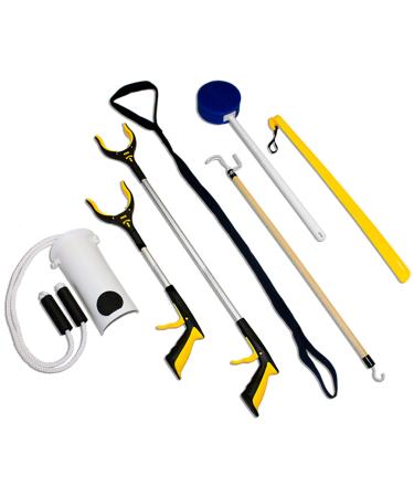RMS Premium 7-Piece Hip Knee Replacement Kit with Leg Lifter, 19 and 32 inch Rotating Reacher Grabber, Long Handle Shoe Horn, Sock Aid, Dressing Stick, Bath Sponge - for Knee or Back Surgery Recovery 7 Piece Set Premium