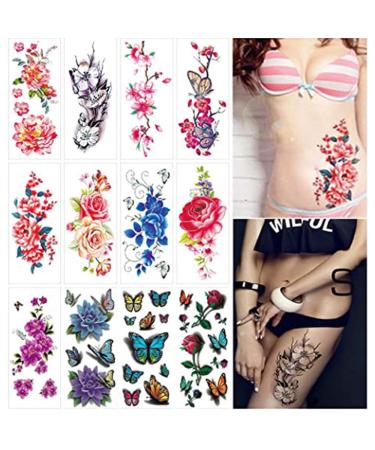 12 Sheets Flower Temporary Tattoos for Women Adults 3D Butterfly Rose Tattoo Sexy Fake Tattoo Stickers Waterproof Body Art Temp Tattoo Paper Colored Floral Lily Lotus Peony Festival Makeup Tattoo.