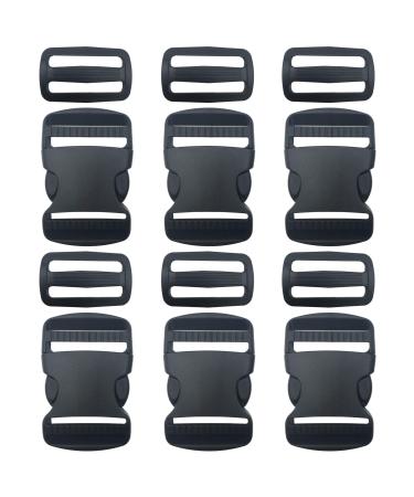 EesTeck 6 Set 1.5 Inch Flat Dual Adjustable Plastic Quick Side Release Plastic Buckles and Tri-Glide Slides for Luggage Straps Pet Collar Backpack Repairing (Black, Fit for 1.5/38mm Webbing Straps) 1.5"-6 Pack