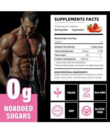 Creatine Monohydrate Gummies 5000mg - Vegan Sugar-Free Pre-Workout Chewables for Muscle Strength | 120 Strawberry Gummies - Buy Online on GoSupps.com
