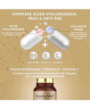 Hyaluronic Acid + Marine Collagen + Vitamin C + Vitamin E | Anti-Aging | Anti-Wrinkle | Hydration & Elasticity of the Skin | Made in France | 120 Capsules - 2 Months of Treatment | Beauty & Wild - Buy Online on GoSupps.com