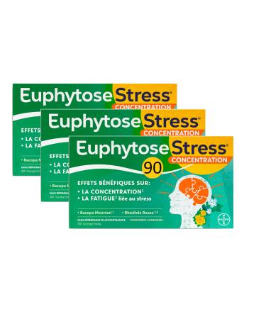 Euphytose Stress Concentration - Dietary Supplement - Bacopa Monnieri - Rhodiola Rosea - Adaptogenic Plants - Stress, Difficulty Concentration - 3 Months - 3 x 30 Tablets - Made in France