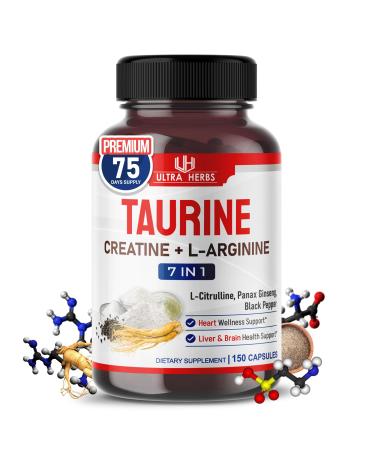 Taurine Supplement enriched with Creatine, L-Arginine, L-Citrulline, Panax Ginseng | Taurine Capsules for Heart Wellness, Nervous System, Brain & Eye Health | 150 Capsules 150-day supply (pack of 1)