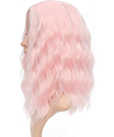 FAELBATY 14 Inch Pink Cosplay Loose Wave Wig - Short Curly Wavy Synthetic Costume Wig for Women - Pastel Pink - Buy Online on GoSupps.com