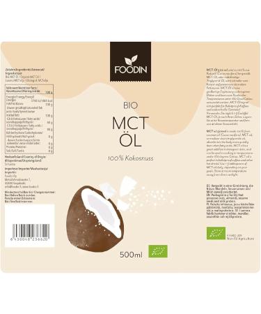 FOODIN BIO MCT oil 1000 ml from 100 coconut oil medium chain triglycerides MCT oil made from produced coconut 100 glutenfree and vegan 2 x 500 ml ideal for ketogenic Organic MCT 2 x 500 ml - Buy Online on GoSupps.com