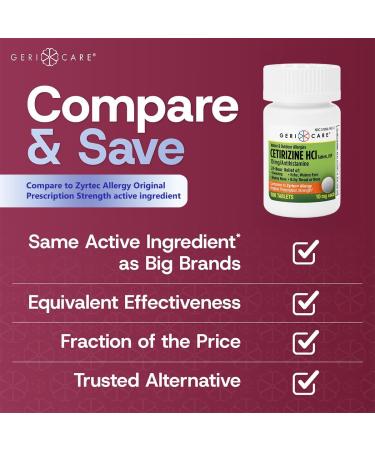 GeriCare Cetirizine HCI 10mg Antihistamine Tablets 100 Count 24 Hour Seasonal & Year-Round Allergy Relief for Indoor & Outdoor Allergies Sneezing Runny Nose Itchy Eyes & Throat 100 Count (Pack of 1) - Buy Online on GoSupps.com