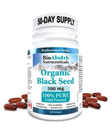Bio Absorb Black Cumin Seed Oil Capsules. Organic, Cold Pressed. 200 softgels, 500mg (50-Day Supply). No Aftertaste. 200 Count (Pack of 1)