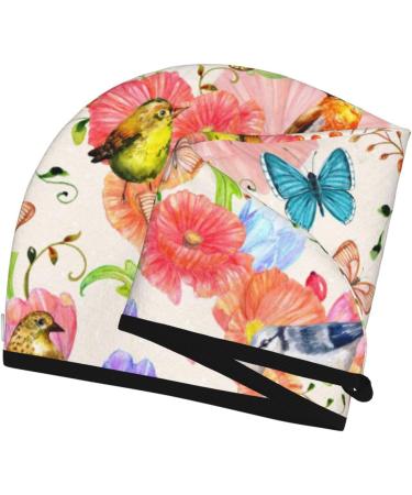 Flowers and Birds Watercolor Hair Towel | Super Absorbent Coral Velvet Wrap for Women | Quick Dry for Long Curly Thick Hair - Buy Online on GoSupps.com
