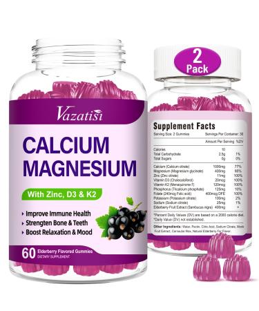 Calcium Magnesium Zinc Gummies with Vitamin D3 and K2 High Absorption Magnesium Glycinate Potassium for Immune and Muscles Vegan Elderberry Flavor 120 Gummies Sweet Elderberry 60 Count (Pack of 2)