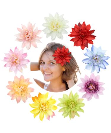 9 Pack 4 Inch 10cm Large Bloom Dahlia Flower Hair Clips Artificial Daisy Flowers for Decoration Mexican Flowers for Hair Alligator Duckbill Crocodile Barrettes Hair Grips Accessories for Women Girl