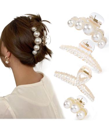 Mehayi 4 PCS Large Pearl Hair Claw Clips for Women Girls, Hair Barrette Clamps for Thick Thin Hair, Fashion Hair Accessories Headwear Styling Tools for Party Wedding Type D