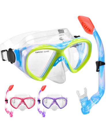 Kids Snorkel Set Dry Top Snorkeling Gear for Kids Youth Boys Girls Junior Age 5-15,Tempered Glass Swimming Diving Mask and Snorkel Set 180 Degree Panoramic View Blue