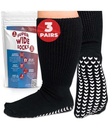 FORTIVO 3 Pairs Extra Wide Socks for Swollen Feet Diabetic Socks for Men Non Slip Socks Diabetic Socks Hospital Socks Black
