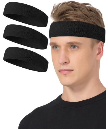 Tanluhu Sweatbands Sport Headbands/Wristbands for Working Out, Exercise, Tennis, Basketball, Running - Terry Cloth Athletic Sweat Cotton Headband Outdoor for Men & Women A-3-Black