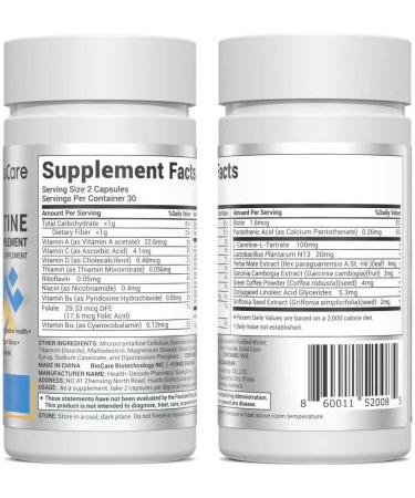 DrBioCare L-Carnitine Probiotics Supplement, Contains L-Carnitine, Probiotics, Green Coffee Powder, Yerha Mate Extract, Garcinia Cambogia Extract, Vitamin B Complex, Vitamin A, Vitamin C 60 Capsules Unflavored 60 Count (Pac  - Buy Online on GoSupps.com