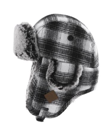 Jeff & Aimy Stylish Plaid Winter Wool Trapper Faux Fur Earflap Hunting Hat Ushanka Russian Cold Weather Thick Lined 55-61CM 89079#white Medium