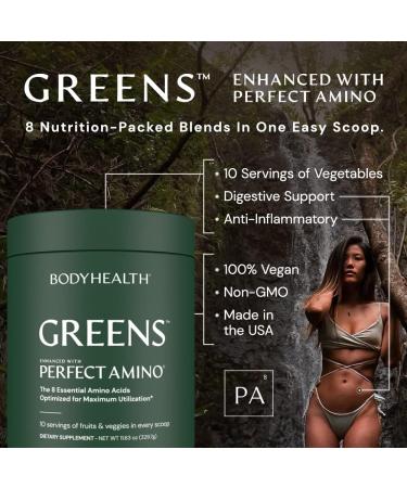BodyHealth Perfect Greens Formula (30 Svgs) Daily Superfood Green Apple Smoothie Powder with Vegetables, Fruit, Antioxidants, Prebiotics, Probiotics, Fiber, and PerfectAmino Protein - Buy Online on GoSupps.com