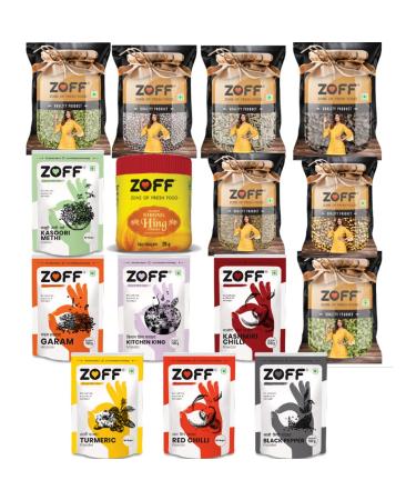 Zoff All Natural Spice kit | Set of 15 Authentic Indian Spices Essential for Every Kitchen | Cardamom Carrom Black Pepper Fenugreek Leaves Fennel Cumin Garam Masala Asafetida Mustard Kashmiri Chili Turmeric Chili Coriander Kitchen King | Premium Quality I