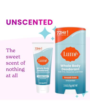 Lume Whole Body Deodorant - Invisible Cream Tube Mini + Solid Stick Bundle - 72 Hour Odor Control - Aluminum & Baking Soda Free Skin Loving (Unscented) - Buy Online on GoSupps.com
