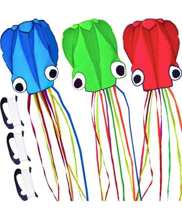3 Pack Octopus Kite, 3D Kite Long Tail Easy Flyer Kite Beach Kites People Adults Gift 3 Colors (Blue Green Red) Kites for Kids Easy To Fly, Kite Kit with Kite String 100M, Kiteboarding Kite for Adults Blue+Green+Red