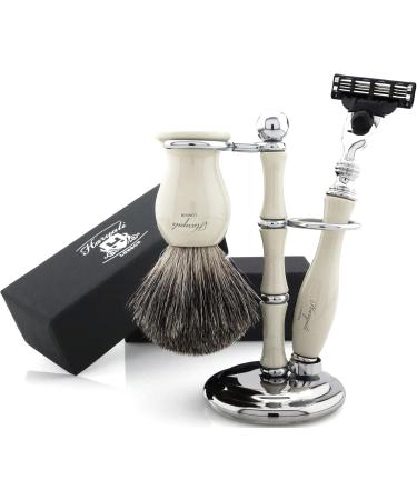 Premium 3-Piece Shaving Kit - Badger Brush & Edge Razor - Perfect Gift Set in White/Ivory - International Shipping Available - Buy Online on GoSupps.com