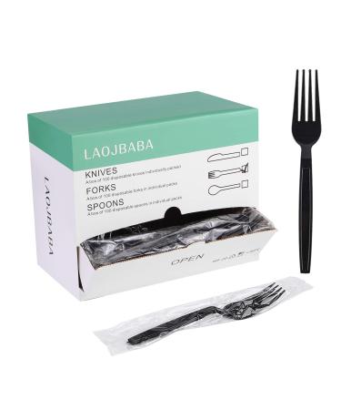 Laojbaba Plastic Fork Disposable Individually Packaged Forks Black 7-Inch Commercial Take Away Forks,Super Hard Mass Heavy Individually Wrapped Forks 100 PCS