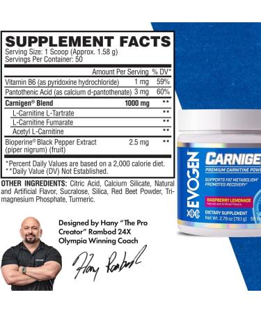 Evogen Carnigen Fat Burning Powder with Carnitine Tartrate, Acetyl-l-carnitine, Orotate, Fumarate, and Bioperine - 50 Servings, Raspberry Lemonade Flavor - Buy Online on GoSupps.com