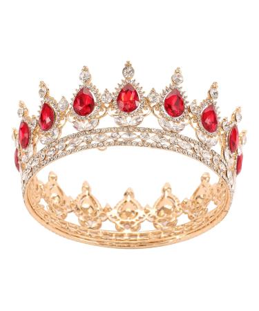 Vintage Royal Queen Teardrop Rhinestone Diadem Tiaras Crown Pageant Prom Diadem Bride Wedding Hair Jewelry Accessories (Gold Red)