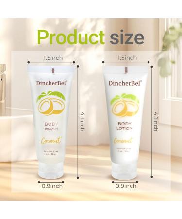 DincherBel Travel Size Body Wash and Body Lotion - Bulk Hotel Toiletries Supplies for Guests - Refreshing Tropical Coconut Scent Shower Gel and Body Cream for Men & Women (1 Fl Oz 100 Pack) - Buy Online on GoSupps.com