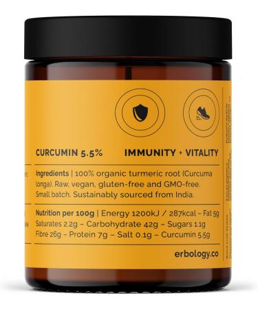 Erbology Organic Turmeric Powder 3.2 oz - 90 Servings - 5.5% Curcumin - No Additives or Preservatives - Sustainably Sourced Straight from Farm in India - Small Batch - Vegan - GMO-Free - Buy Online on GoSupps.com
