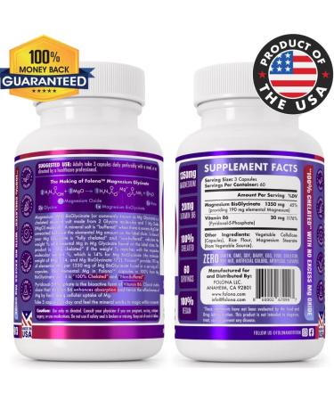 Folona Magnesium Glycinate with Vitamin B6 | 1350mg Chelated Formula for Enhanced Absorption | Supports Sleep, Stress Relief, Energy & Muscle Cramps | Gluten Free NonGMO | 180 Vegan Capsules - Buy Online on GoSupps.com