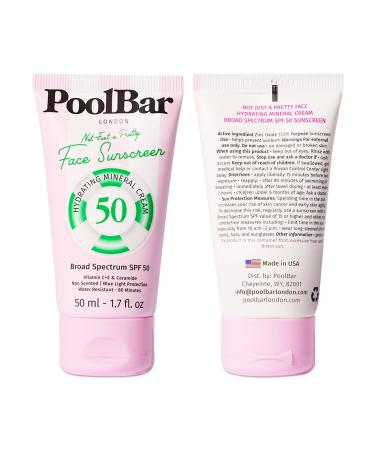 PoolBar Mineral Face Sunscreen Cream for Women and Men Sun Care SPF 50 Hydrating Mineral Vitamin C E and Ceramide Non Scented Water Resistant Sunscreen Blue Light Protection - 50ml