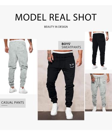 Renaowin Men's Lightweight Slim Fit Sweatpants with Drawstring Waist and Pockets - Black Smiley Pattern | Ideal for Workout, Running, Gym - Size Large - Buy Online on GoSupps.com