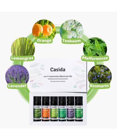 Casida Essential Oils Set - 100% Natural Aromatherapy Oils for Diffuser Humidifier Skin Care & Massage - 6x10ml - Buy Online on GoSupps.com