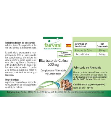Fairvital | Bitartrate de choline 600 mg - 90 comprim s - M tabolisme h patique et lipidique* - 40% de choline - Qualit contr l e et dosage lev - 100% v gan - Fabriqu en Allemagne - Buy Online on GoSupps.com