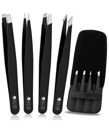 Oxlio 4pcs Tweezers for Facial Hair Women & Men Professional Black Coated Stainless Steal Eyebrow Tweezers Slanted & Pointed tip Precision Tweezers for ingrown Hair with Leather Pouch