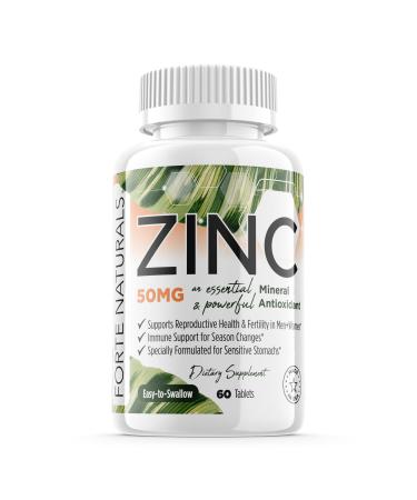 Zinc 50mg Supplements Specially Formulated for Sensitive Stomachs Vitamins for Adults Daily Supplement by FORTE NATURALS Vegan 50mg Non GMO Easy to Swallow Zink Vitaminas (60 Count) 60 Tablets