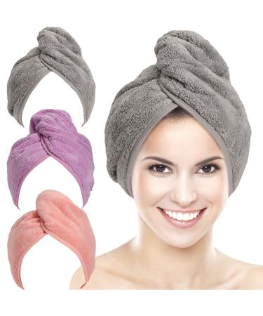 Aosmeol 3 pieces hair turban microfiber turban towel with button turban hair dryer towel quick -drying absorbent hair towel for girls women long curly hair (gray+purple+pink)