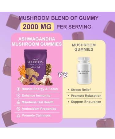 Bunkell Ashwagandha Mushroom Gummies Adaptogenic 7 Mushrooms Mix w/ashwagandha - Lion's Mane Reishi Chaga & Maitake - Ashwagandha Gummies for Energy Cognitive & Immune Support 90 Count - Buy Online on GoSupps.com