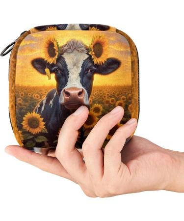 Stylish Menstruation Pad Bag with Zipper - Women's Napkin & Tampon Collection Bag (Field Sunflower Wreath Cow) - 12 Color Options - Buy Online on GoSupps.com