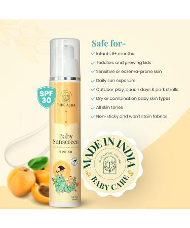 Pure Aura Baby Sunscreen (Pack of 2) 50g Each | SPF 30 Kids Sunscreen | 100% Mineral & Ayurvedic | Chemical-Free | Sensitive Skin Friendly | Outdoor Safe | Doctor Recommended - Buy Online on GoSupps.com