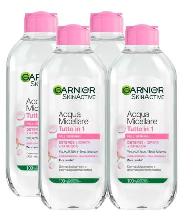 Garnier Garnier SkinActive Micellar Water All in 1 for Sensitive Skin Cleansing Cleansing Soothing Without Rinsing Face Eyes Lips Hypoallergenic Formula Fragrance Free 4 x 400 ml Bottles
