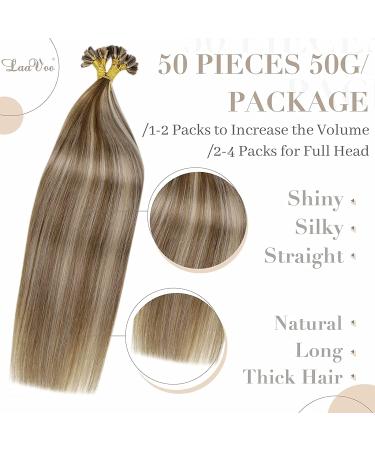 LAAVOO Real Hair Extensions Brown Blonde Keratin Bonding U Tip 35cm #P8/24 | Highlighted Light Brown & Platinum Blond 50g - Buy Online on GoSupps.com